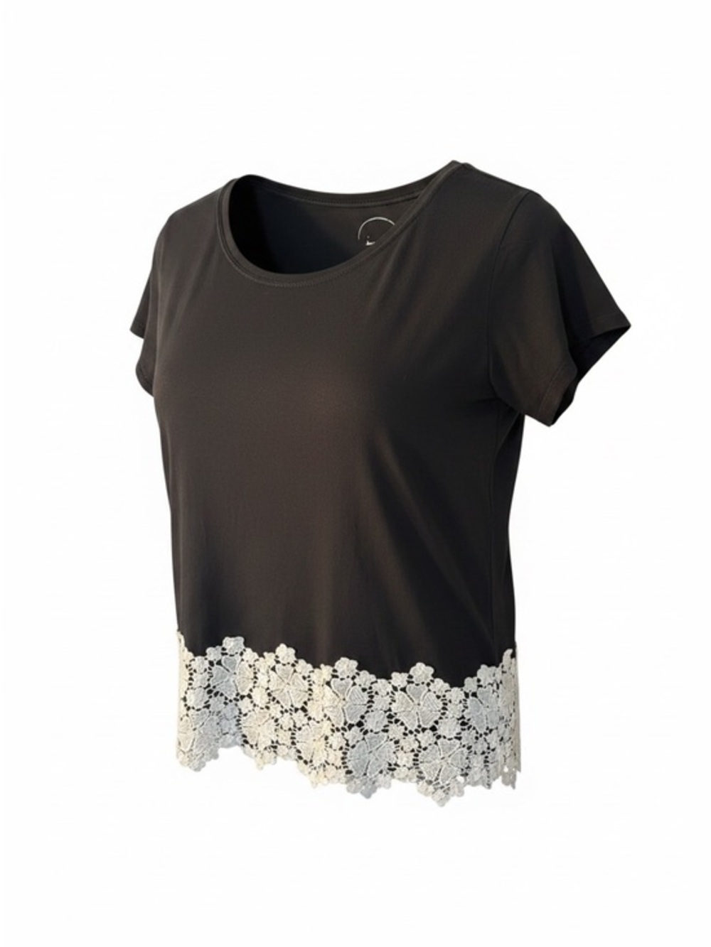 INC International Concepts Black Short Sleeve Tee with Ivory Floral Lace Hem